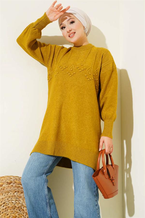 Embossed Pattern Soft Knit Tunic Oil Green