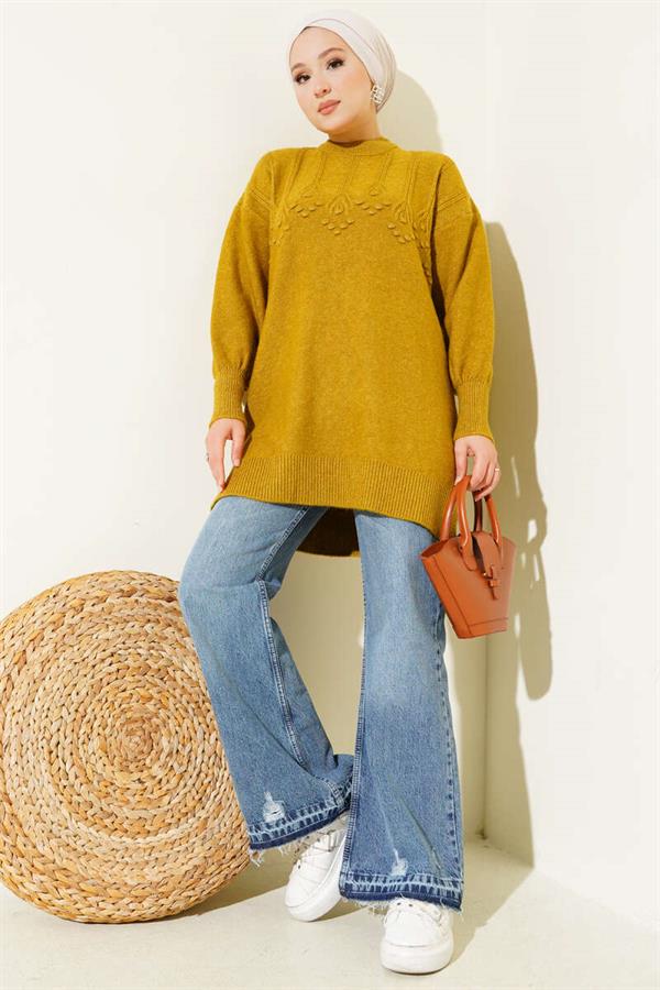 Embossed Pattern Soft Knit Tunic Oil Green