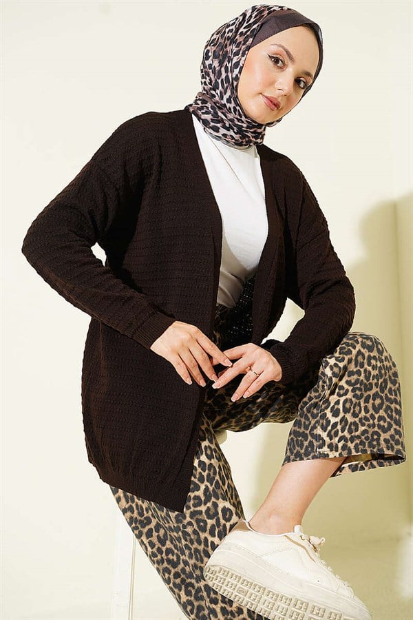 Embossed Basic Knit Cardigan Dark Brown