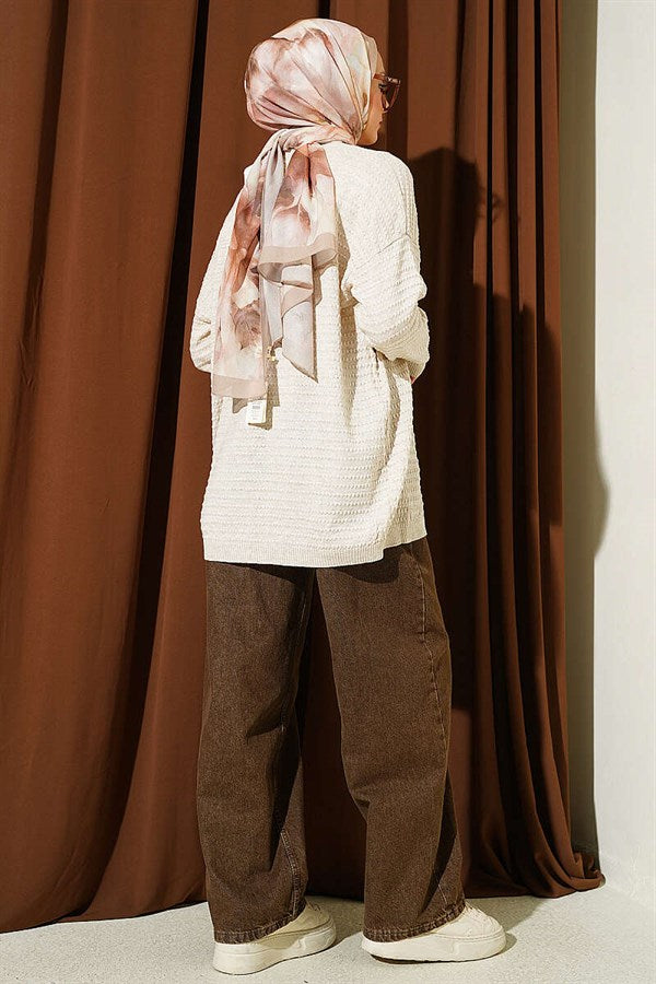 Basic Knit Cardigan with Embossed Pattern, Beige