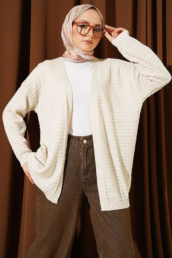 Basic Knit Cardigan with Embossed Pattern, Beige