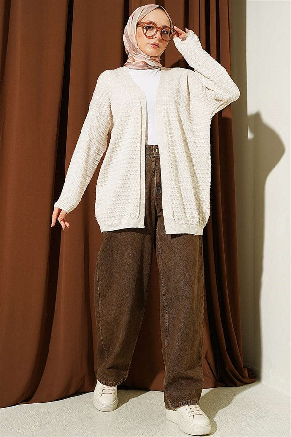 Basic Knit Cardigan with Embossed Pattern, Beige
