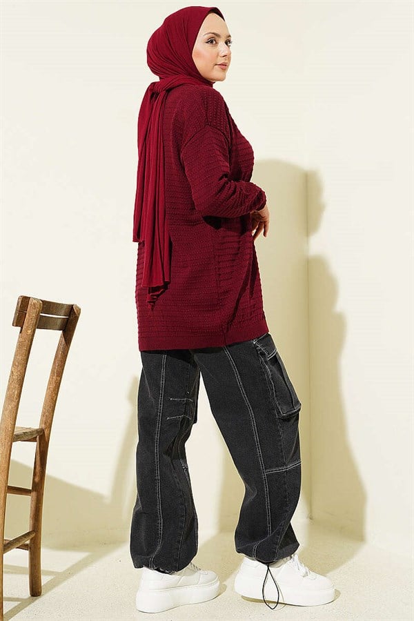 Embossed Pattern Basic Knit Cardigan Burgundy