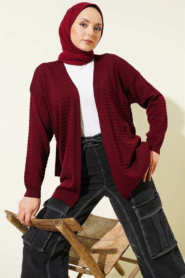 Embossed Pattern Basic Knit Cardigan Burgundy