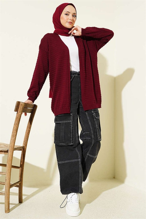 Embossed Pattern Basic Knit Cardigan Burgundy