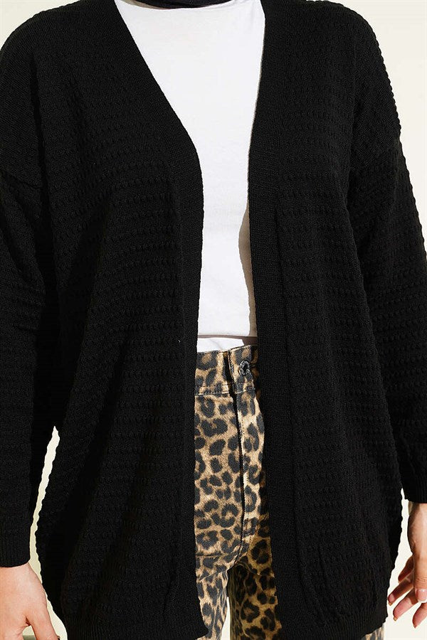 Embossed Pattern Basic Knit Cardigan Black
