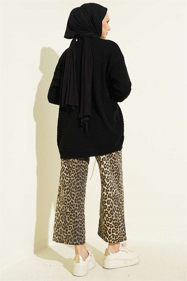 Embossed Pattern Basic Knit Cardigan Black