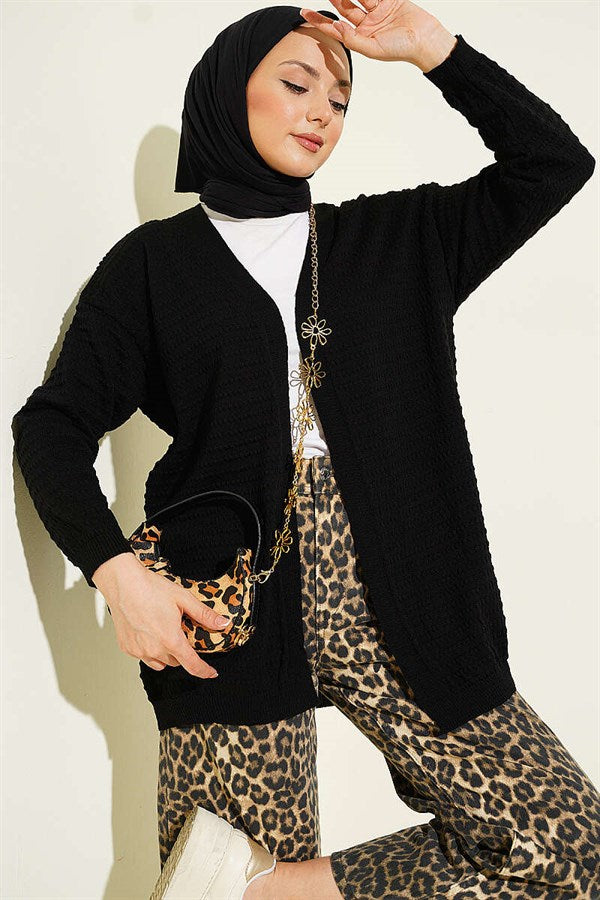 Embossed Pattern Basic Knit Cardigan Black