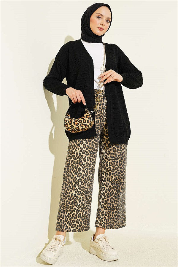 Embossed Pattern Basic Knit Cardigan Black