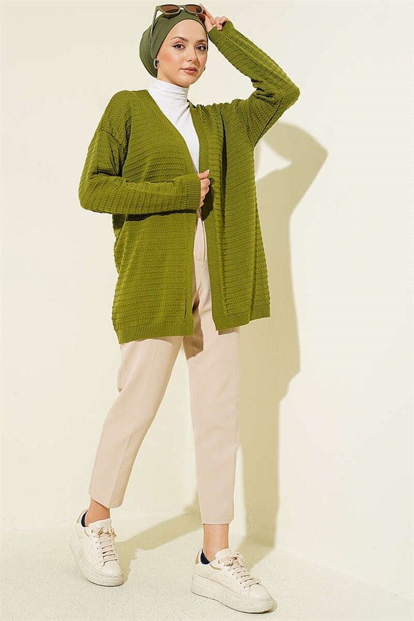 Embossed Pattern Basic Knit Cardigan Green