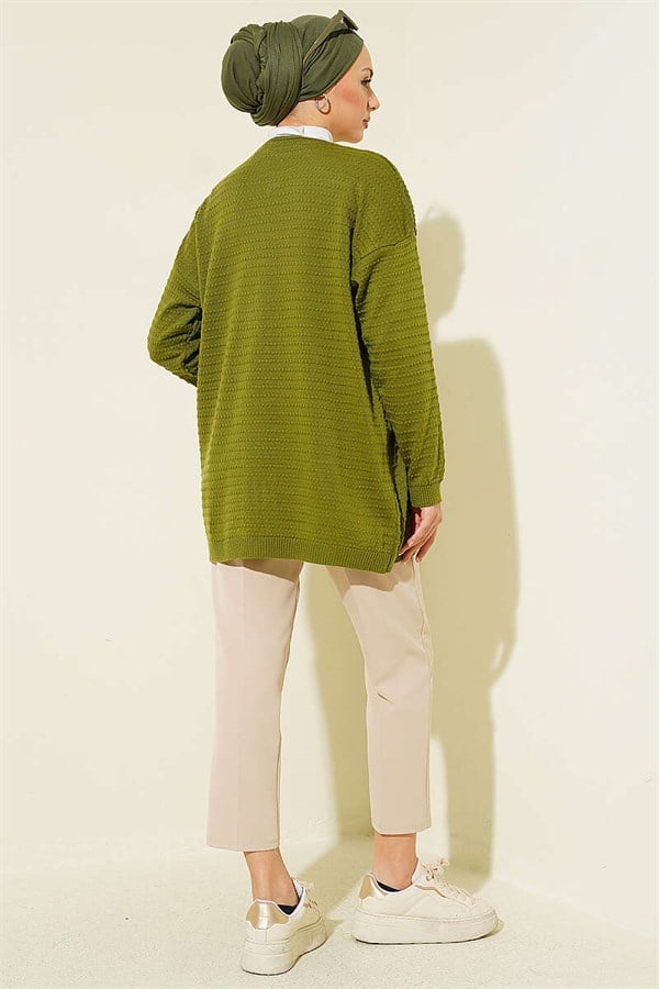 Embossed Pattern Basic Knit Cardigan Green
