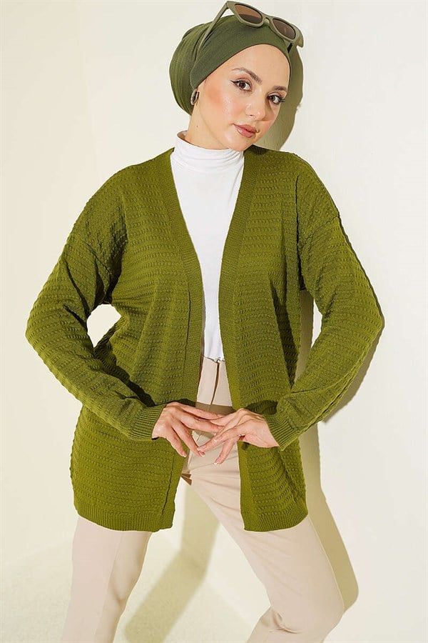 Embossed Pattern Basic Knit Cardigan Green