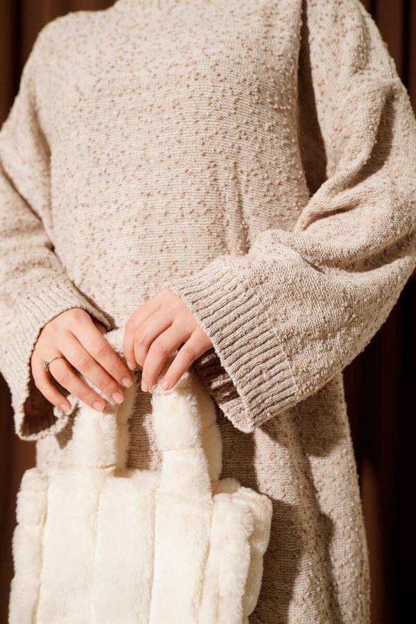 Embossed Patterned Knit Dress Beige