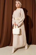 Embossed Patterned Knit Dress Beige
