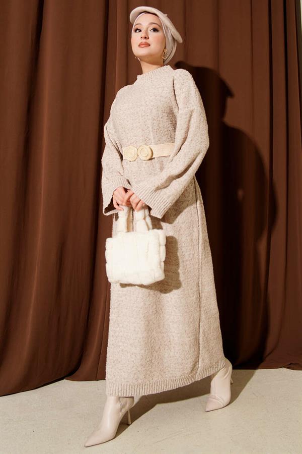 Embossed Patterned Knit Dress Beige
