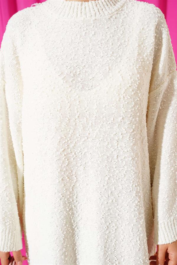 Embossed Patterned Knit Dress in Ecru