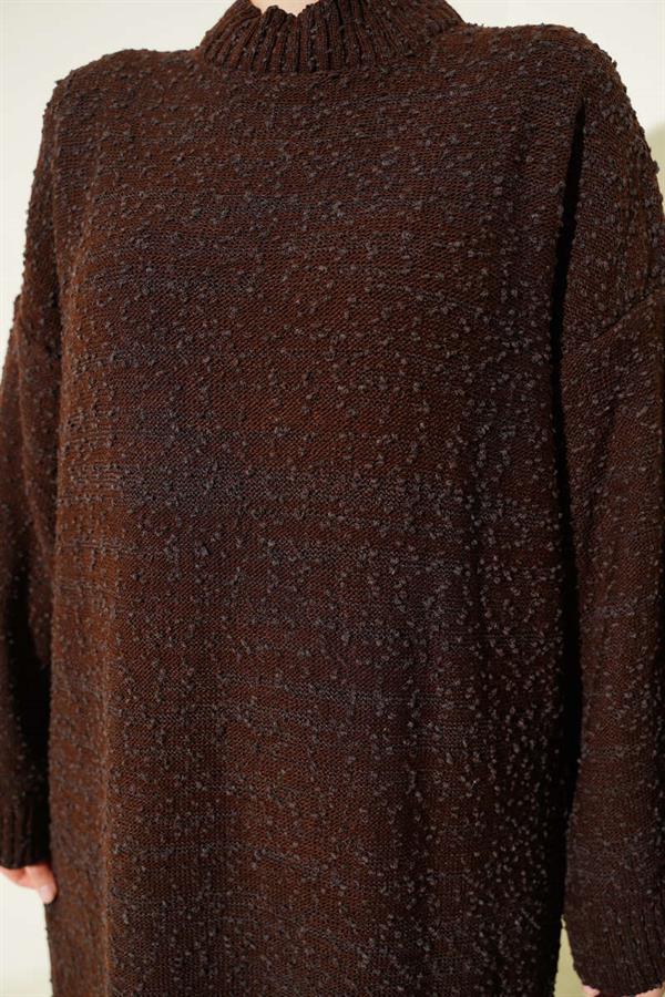 Embossed Patterned Knit Dress Brown