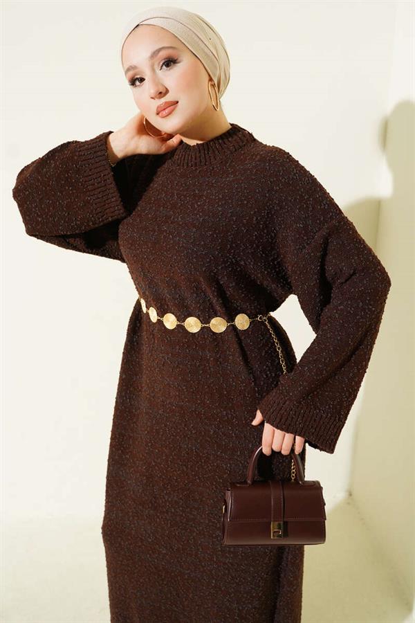 Embossed Patterned Knit Dress Brown