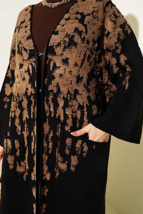 Embossed Patterned Knitted Long Cardigan, Mink Color