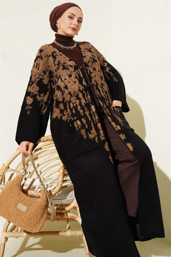 Embossed Patterned Knitted Long Cardigan, Mink Color