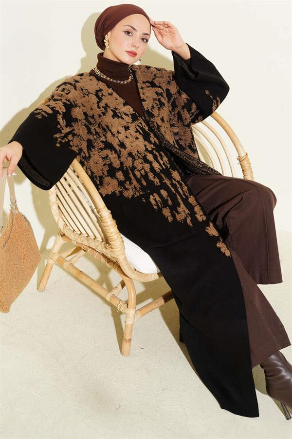 Embossed Patterned Knitted Long Cardigan, Mink Color