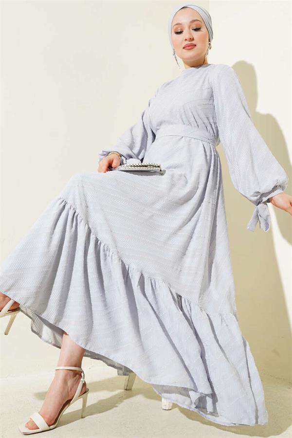 Embossed Flounced Belted Dress Gray