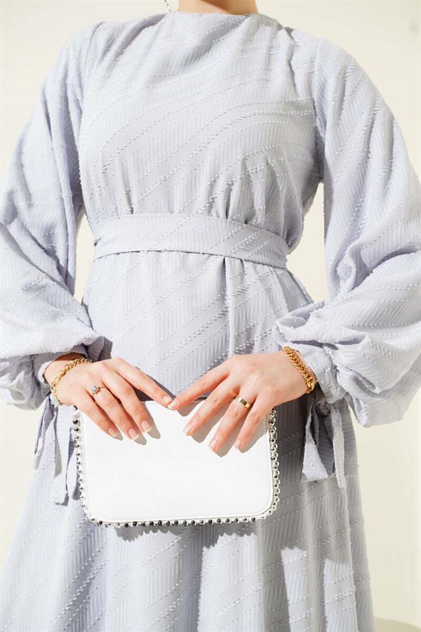 Embossed Flounced Belted Dress Gray