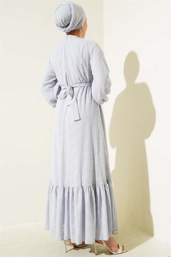 Embossed Flounced Belted Dress Gray
