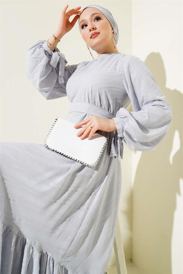 Embossed Flounced Belted Dress Gray