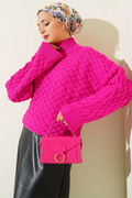 Embossed Batwing Sleeve Knit Sweater, Fuchsia