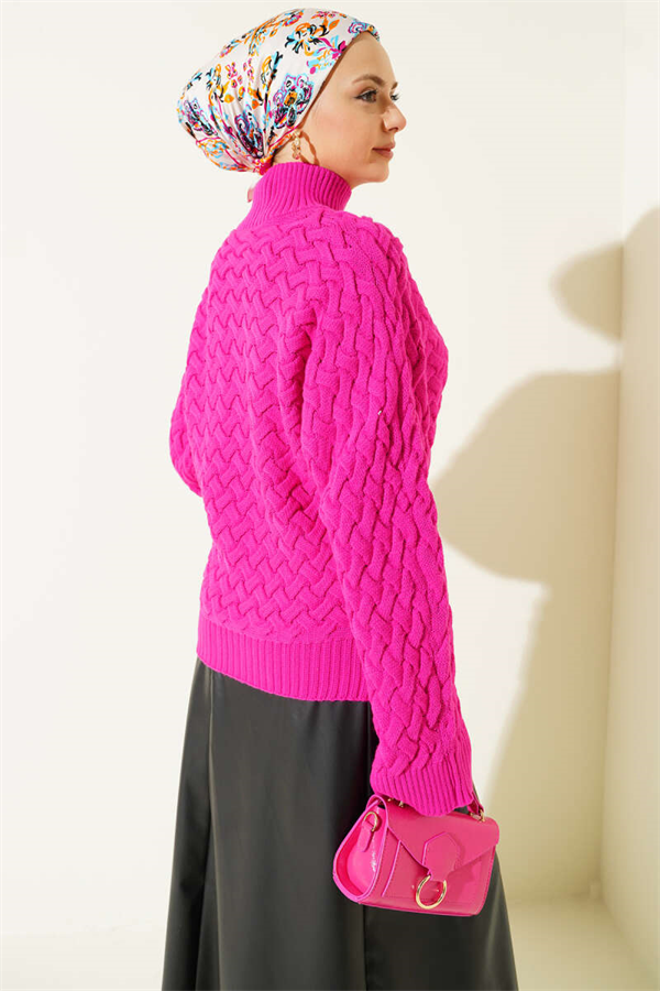 Embossed Batwing Sleeve Knit Sweater, Fuchsia