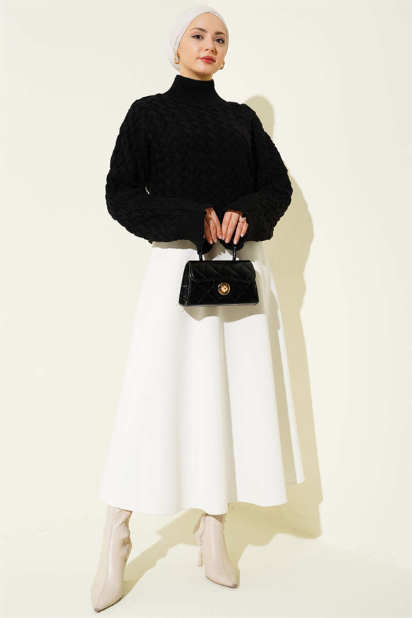 Embossed Batwing Sleeve Knit Sweater Black