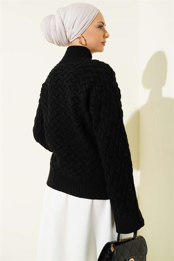 Embossed Batwing Sleeve Knit Sweater Black