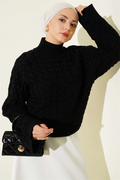 Embossed Batwing Sleeve Knit Sweater Black