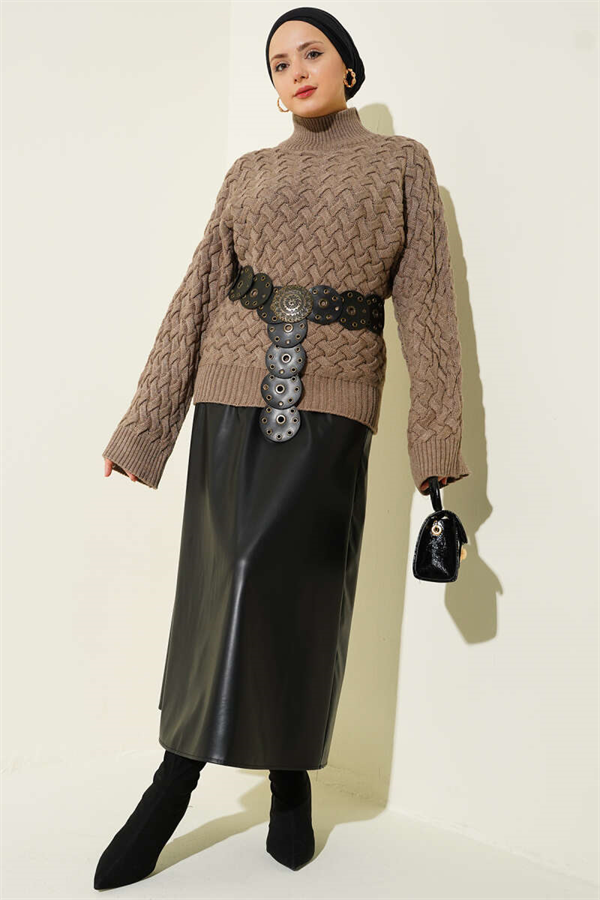 Embossed Batwing Sleeve Knit Sweater, Mink
