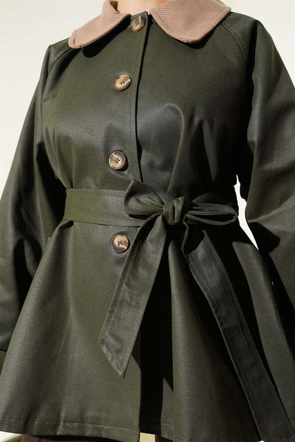 Velvet Collar Belted Trench Coat Khaki