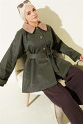 Velvet Collar Belted Trench Coat Khaki