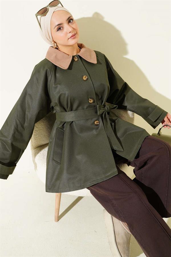 Velvet Collar Belted Trench Coat Khaki
