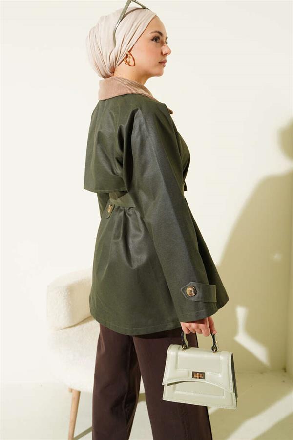 Velvet Collar Belted Trench Coat Khaki