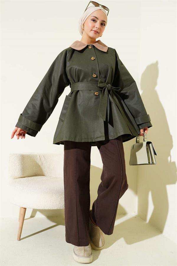Velvet Collar Belted Trench Coat Khaki