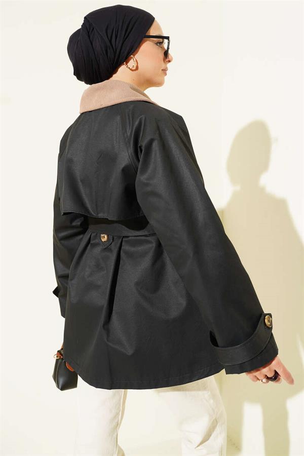 Velvet Collar Belted Trench Coat Black