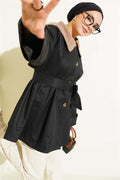 Velvet Collar Belted Trench Coat Black