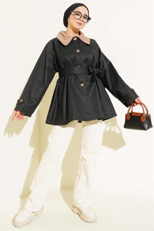 Velvet Collar Belted Trench Coat Black