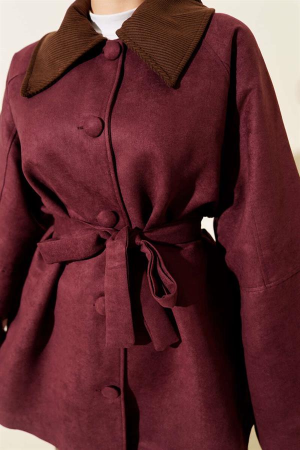 Velvet Collar Suede Belted Jacket Plum