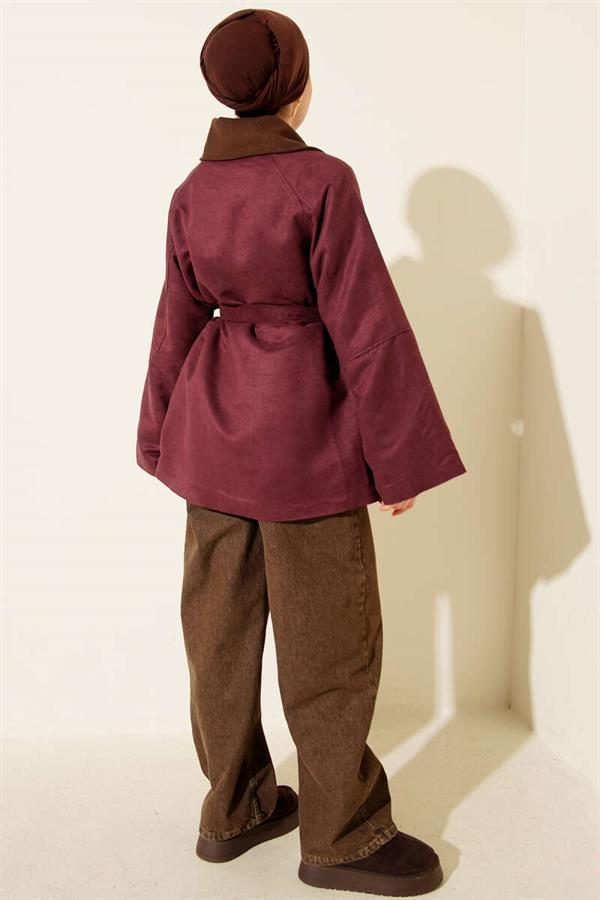 Velvet Collar Suede Belted Jacket Plum