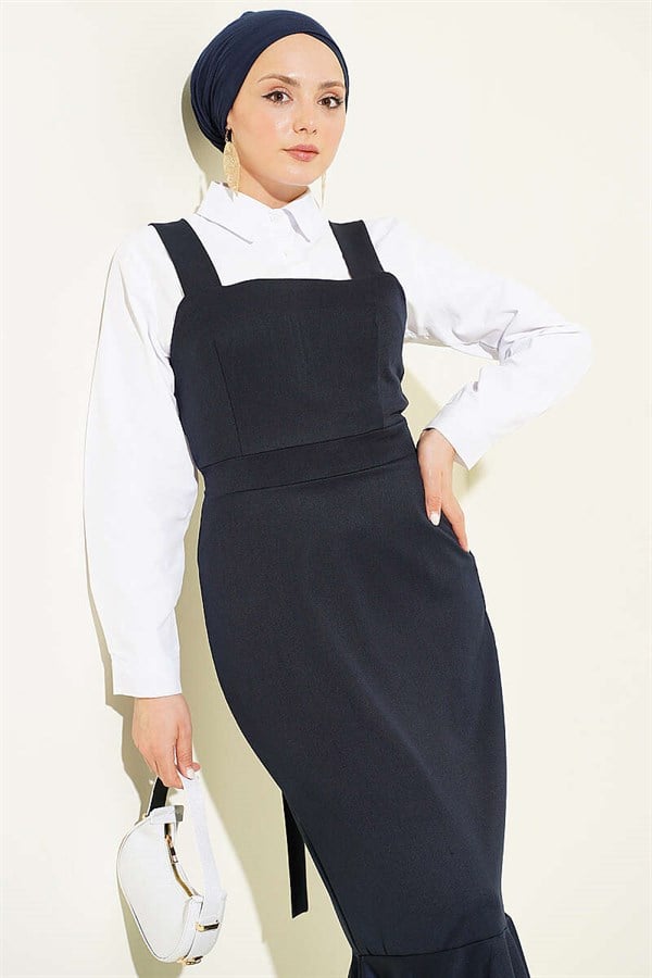 Thick-strapped, ruffled pinafore dress, navy blue.