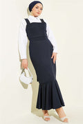 Thick-strapped, ruffled pinafore dress, navy blue.