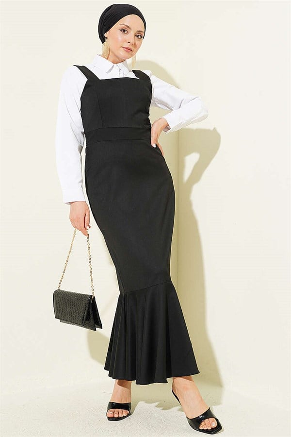 Thick-Strapped Ruffled Sleeveless Dress, Black