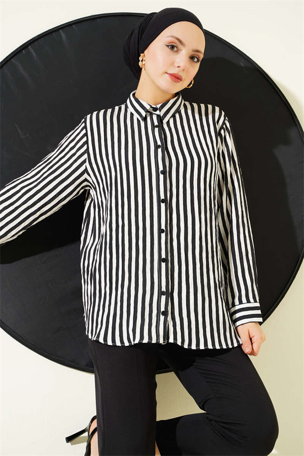 Thick Vertical Striped Basic Shirt Black