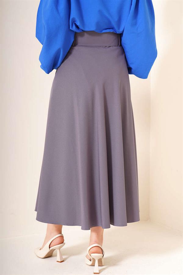 Thick Belted Flared Skirt Slate Gray